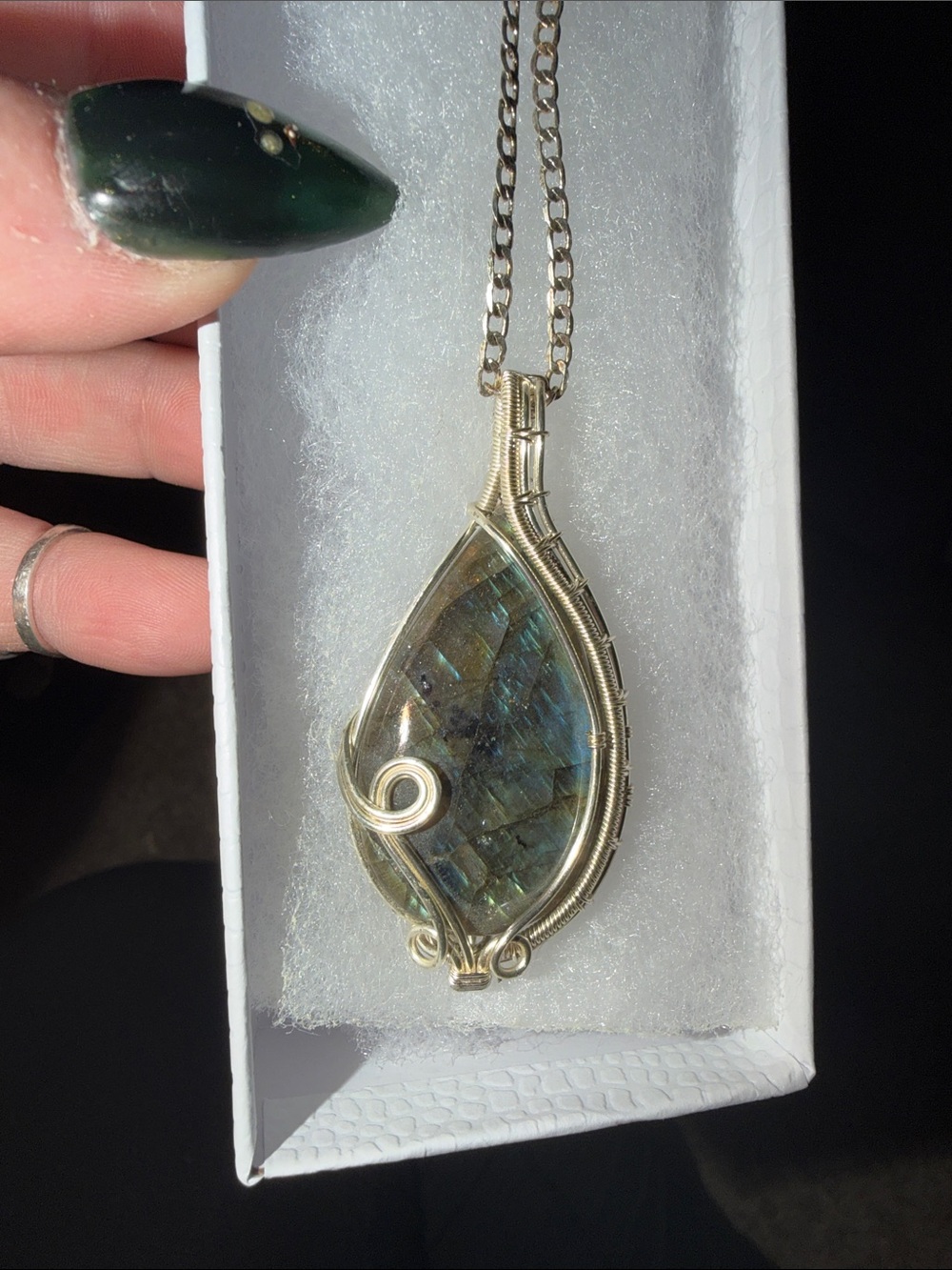 Wire-Wrapped Labradorite Teardrop Necklace — Gold Wire